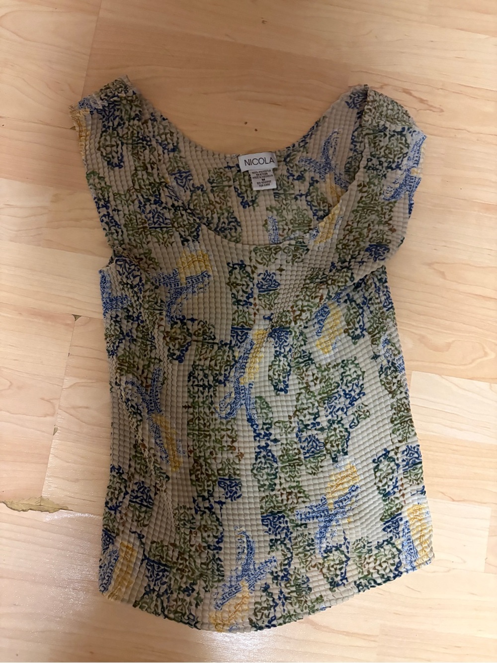 NICOLA Scoop Neck Floral-Print Cap Sleeve Camisole in Blue, Green & Yellow
